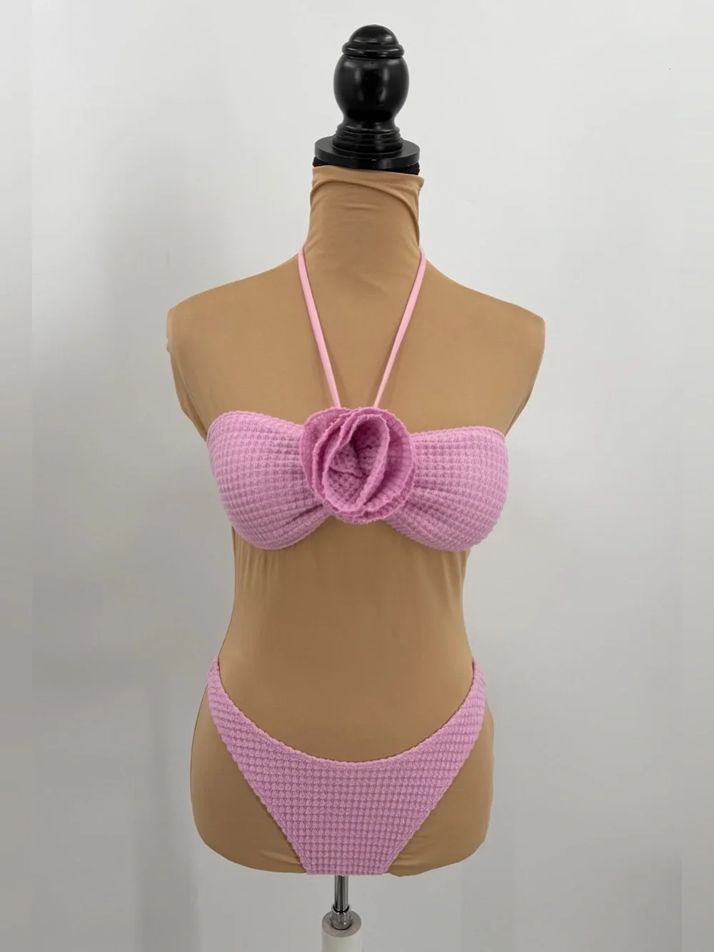 Pink Rosette flower 3 Piece bikini set cover up skirt Textured S vacation resort